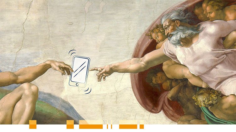 Michelangelos Die Erschaffung Adams abgewandelt – mit Smartphone dazwischen