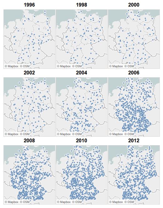 Abb. 1: Entwicklung starker Regenfälle in Deutschland von 1996-2012. Jeder Punkt steht für eine Messtation, an der es im betreffenden Jahr mindestens einmal Niederschläge > 15mm/h gegeben hat. (Quelle: stern.tv, Daten: DWD)