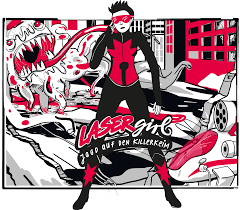 rot-weiss-schwarz grafik mit Titel Lasergirl - Jagd auf den Killerkeim, eine Frau im Vordergrund und ein Monstervirus im Hintergrund, dass die Zunge nach Lasergirl der Superheldin auswirft