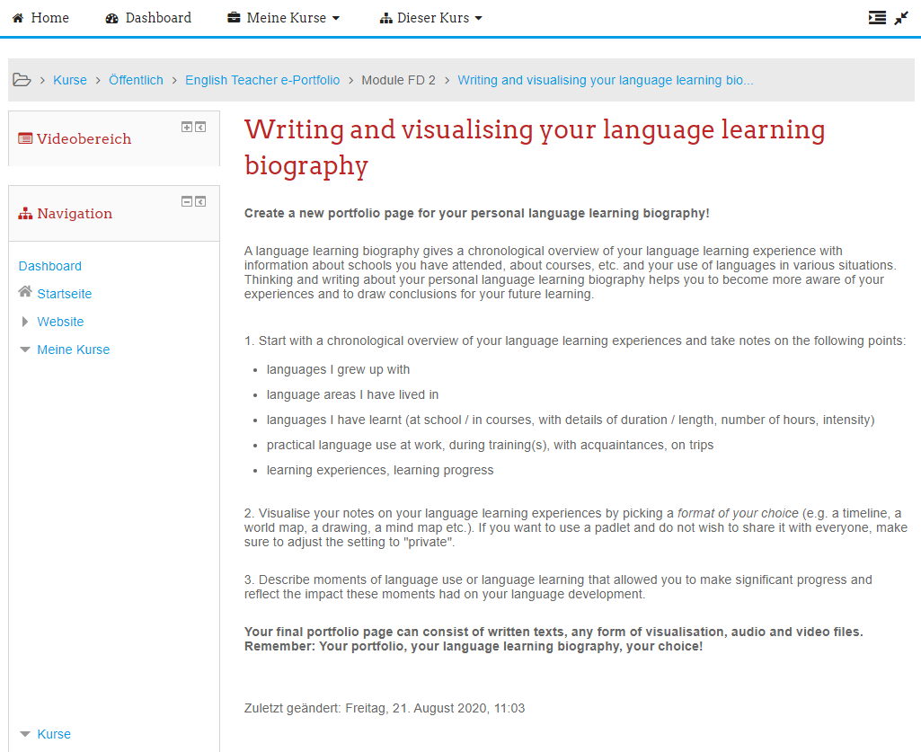 Screenshot 2: Aufgabenbeispiel für eine Wahlaufgabe des studentischen „English Teacher e-Portfolio“